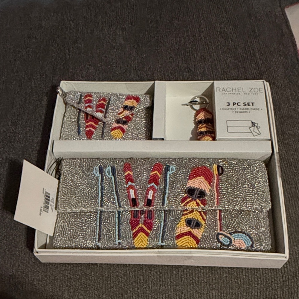 Rachel Zoe Silver Ski Snowboard Beaded Clutch & Accessory Set
